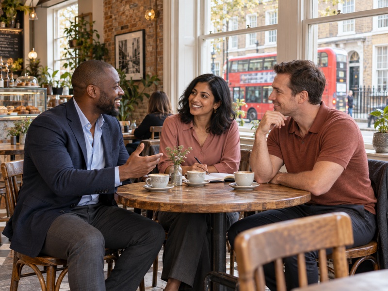 Two men and a woman in relaxed business clothing meeting over coffee in a bright London café