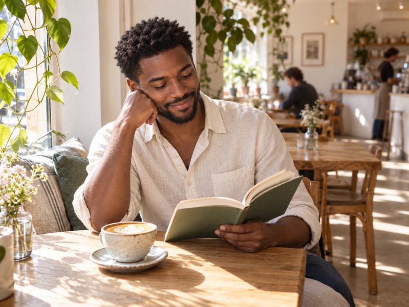 A Black man reading a book over coffee in a bright, leafy café